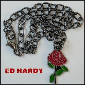 ED HARDY Red Rose Pendant Necklace on Gunmetal Gray Stainless Steel Chain